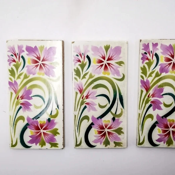 Antique French tiles Art Nouveau style stenciled & airbrushed flowers in purple and green antique rectangular tiles