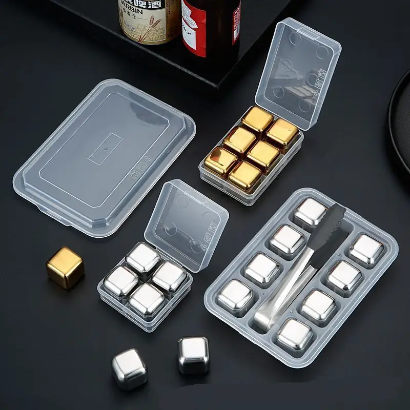 Gold Mini Customized Diamond Ice Cube Whiskey Stainless Steel Reusable Chilling Wine Stone with Tongs And Storage Box