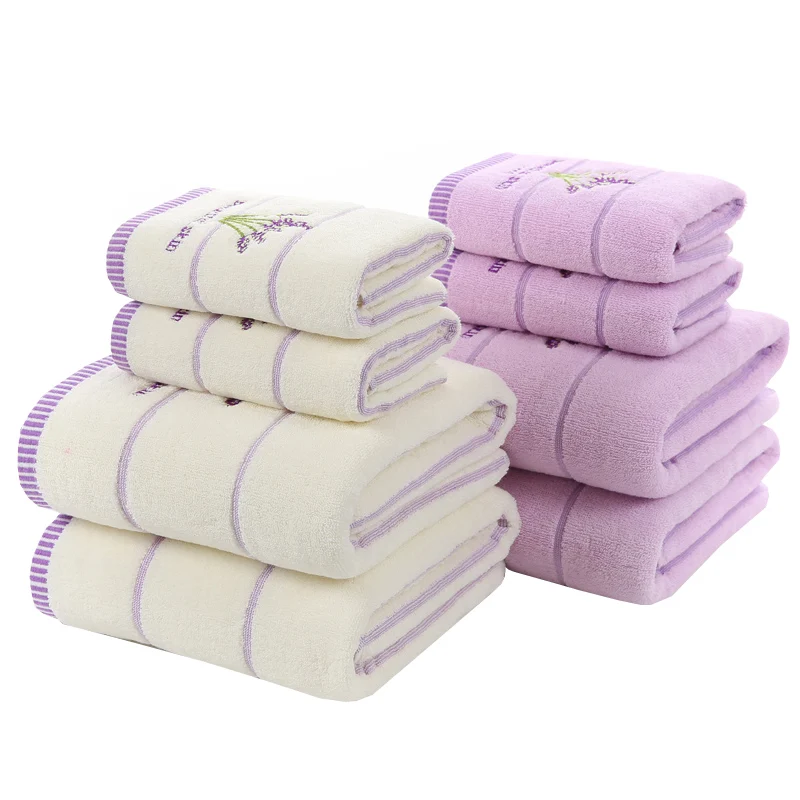 New 3pcs/set Luxury Lavender 100% Cotton Purple White Towel Soft Strong Water Face Bathroom Bath Towel Set