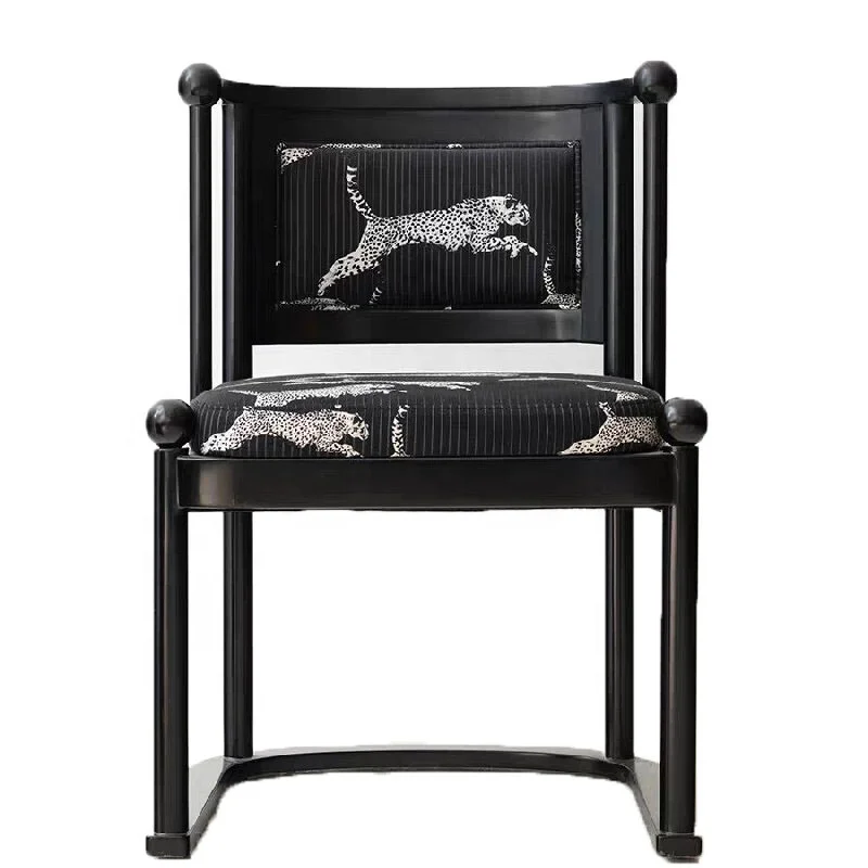French Medieval Wabi-sabi Style Design Solid Wood Armrest Leopard Pattern Dining Chair black