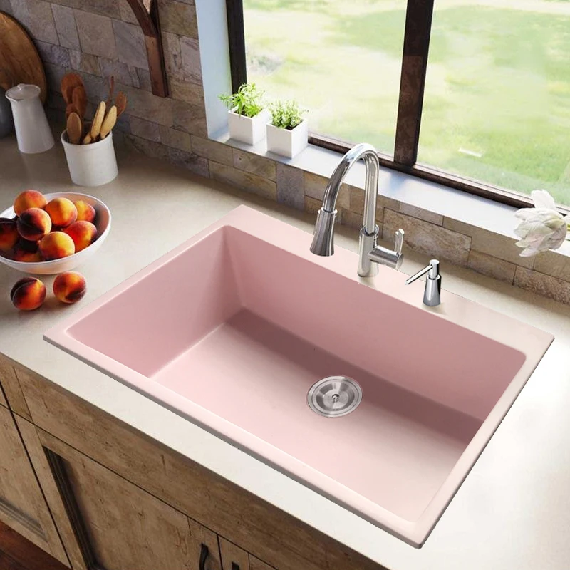 Kitchen Sinks Pink Granite Quartz Kitchen Wash Basin Sink With Cup Washer