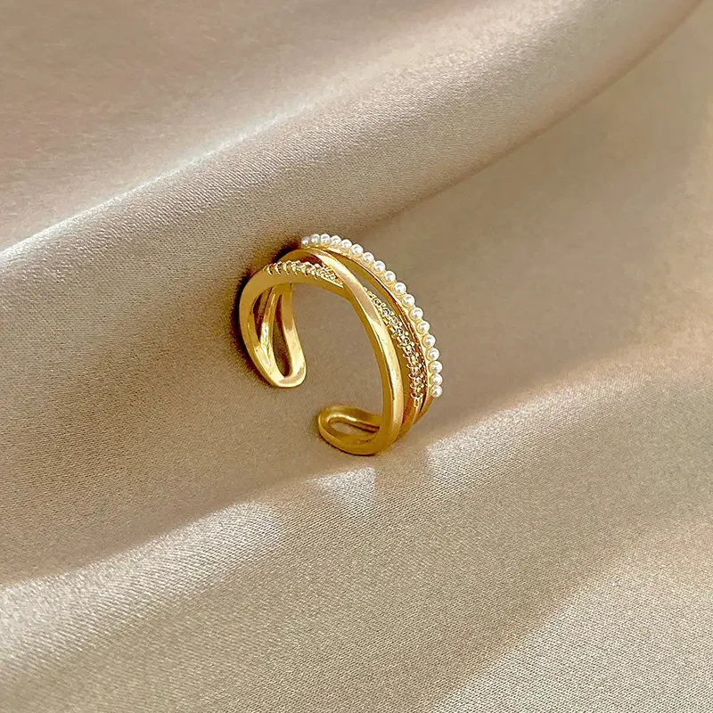 Fashion Hollow out Multilayer Ring Zircon Love Pearl Gold Ring Simple Adjustable Opening Jewelry Accessories Gift