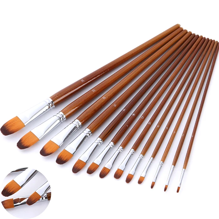 13 Pcs Nylon Hair Wood Long Handle Detail Paint Brush Paint Artist Round Filbert Flat Painting Brushes Set for Watercolor