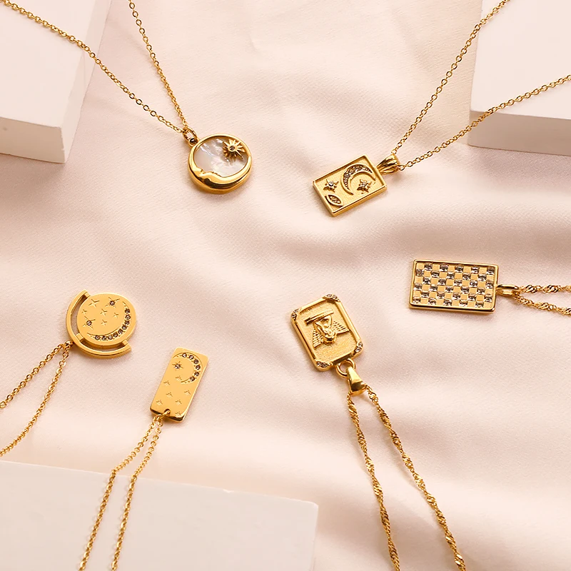 Luxury Necklace Women Moon Star Zirconia Pattern Gold Dipped Necklace Stainless Steel Statement Necklace
