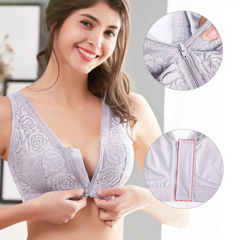 C Cup To E Cup Plus Size Front Zipper Shockproof Ultrathin Yoga Sports Crop Top Lace Racerback Sleep Vest Wireless Bra
