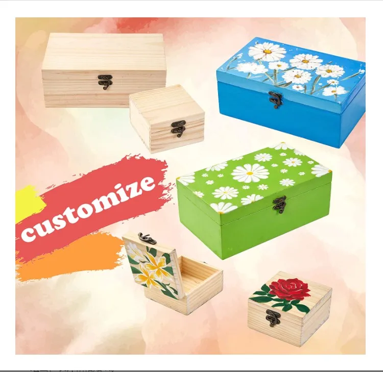 Custom logo wooden box rectangular hinged pine gift jewelry box wooden box