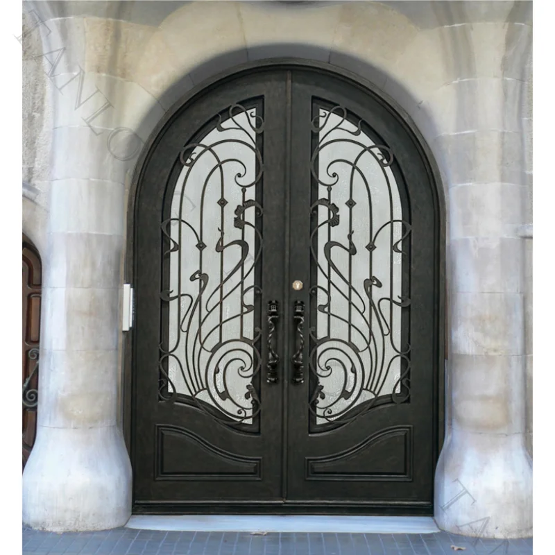 High Quality Glass House Apartment Entrance Iron Double Door Curved Arched  Entry Doors