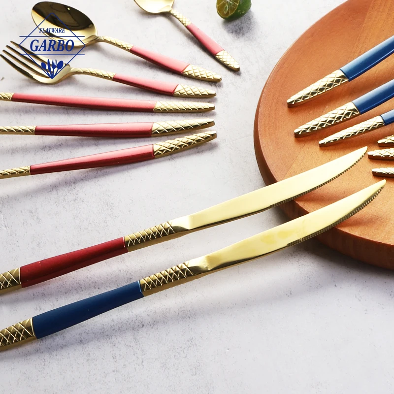 Set of 7pcs including table and dessert fork knife spoon set gold color stainless steel flatware set with blue painting handle