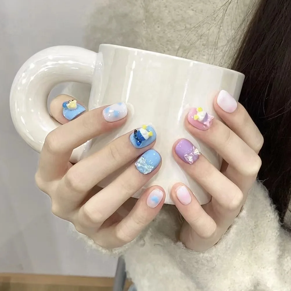 Wholesale Simple Cute Hand-Painted Acrylic False Nails Short Square round Nails Handmade ABS Material Nails Art
