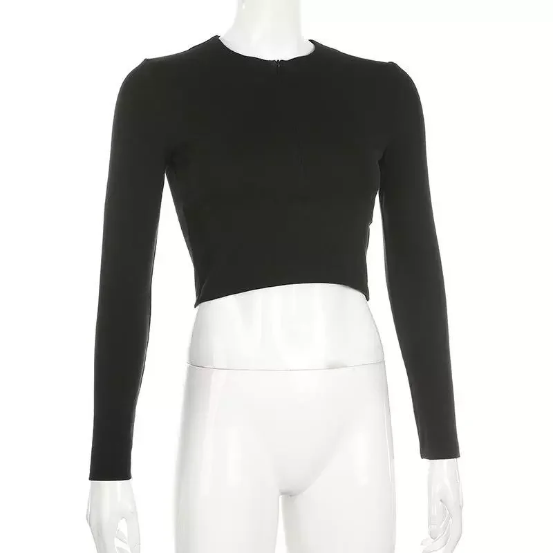 Women Long Sleeve Sexy Crop Tops Tees Summer Autumn T-shirt Top Deep V Solid Neck