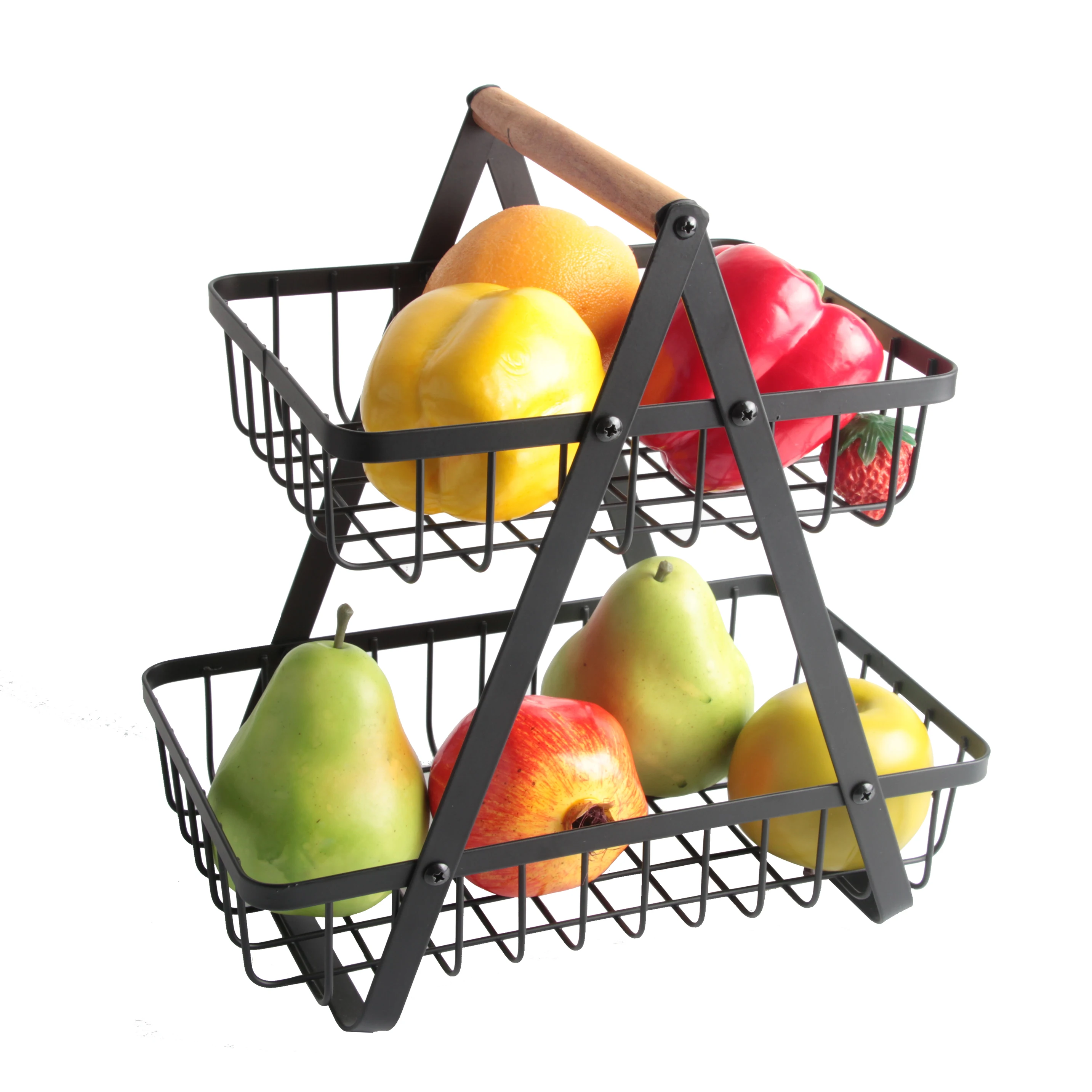 2 Tier Countertop Kitchen Metal Iron Wire Fruit Storage Basket with Wooden Handle