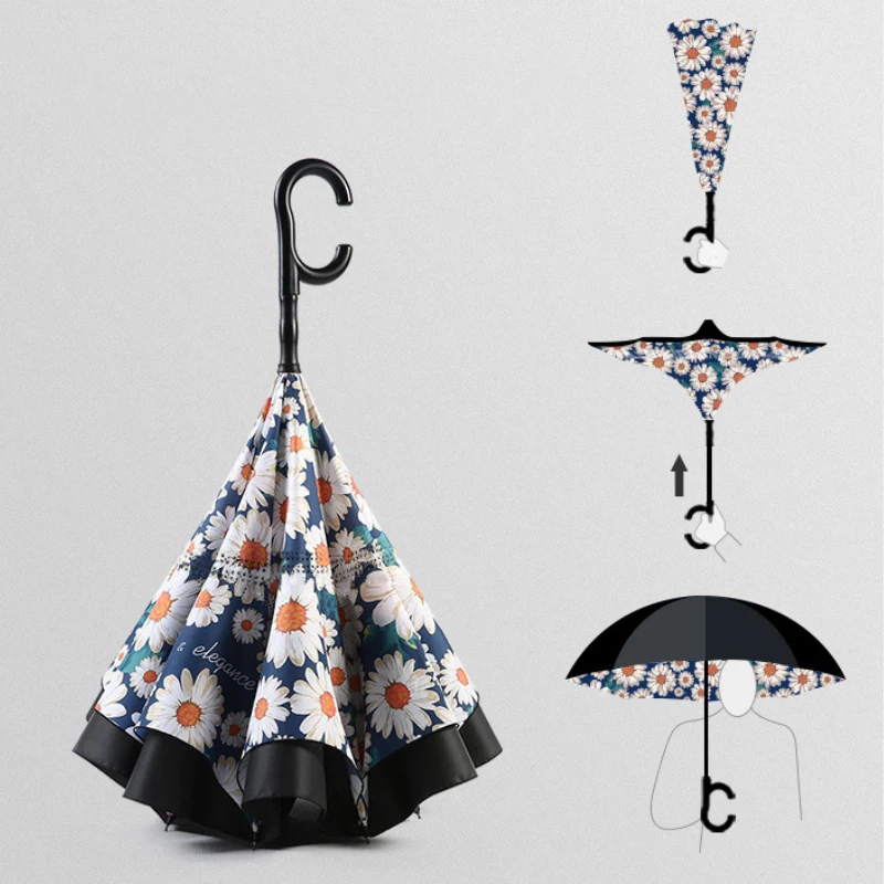 ZD076 Double Layer Automatic Open Inverted Parasol Windproof Travel Rain Sun Bumbershoot Creative C Shaped Handle Car Umbrella