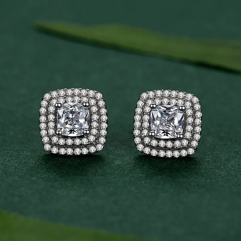 Exquisite Four-Claw Square Diamond S925 Sterling Silver Women Earrings Studs