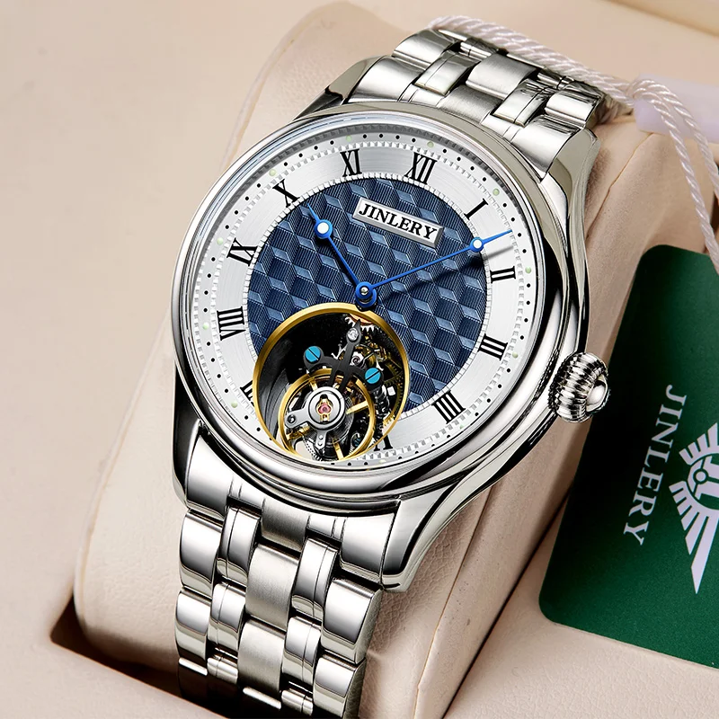 Jinlery Fashion Tourbillon Watch for Men Mechanical Hand Wind Wristwatch Men Watch Luminous Flywheel Watches Relogio Masculino