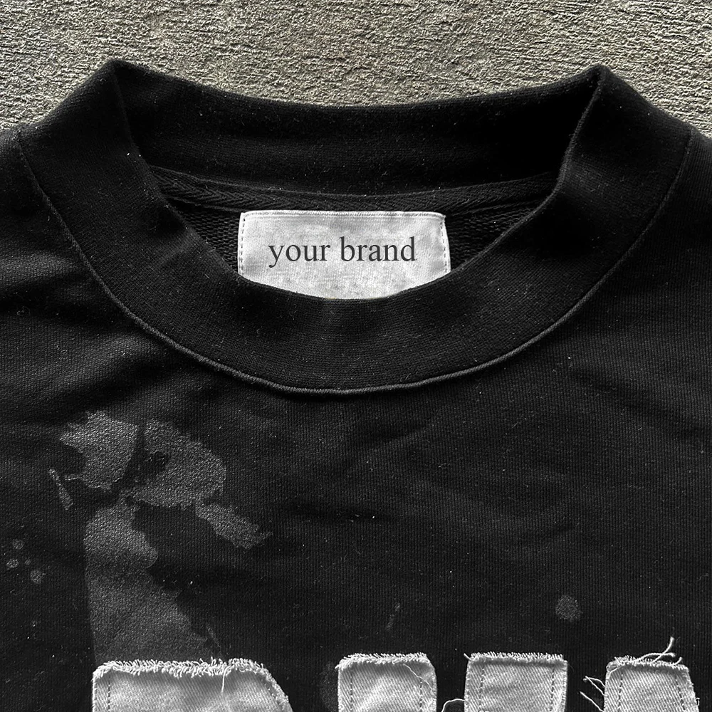 Huili Vintage Distressed Washed Thick Cotton Tshirts Men Custom Screen Printing Logo Double Layer Long Sleeve Rhinestone T-Shirt