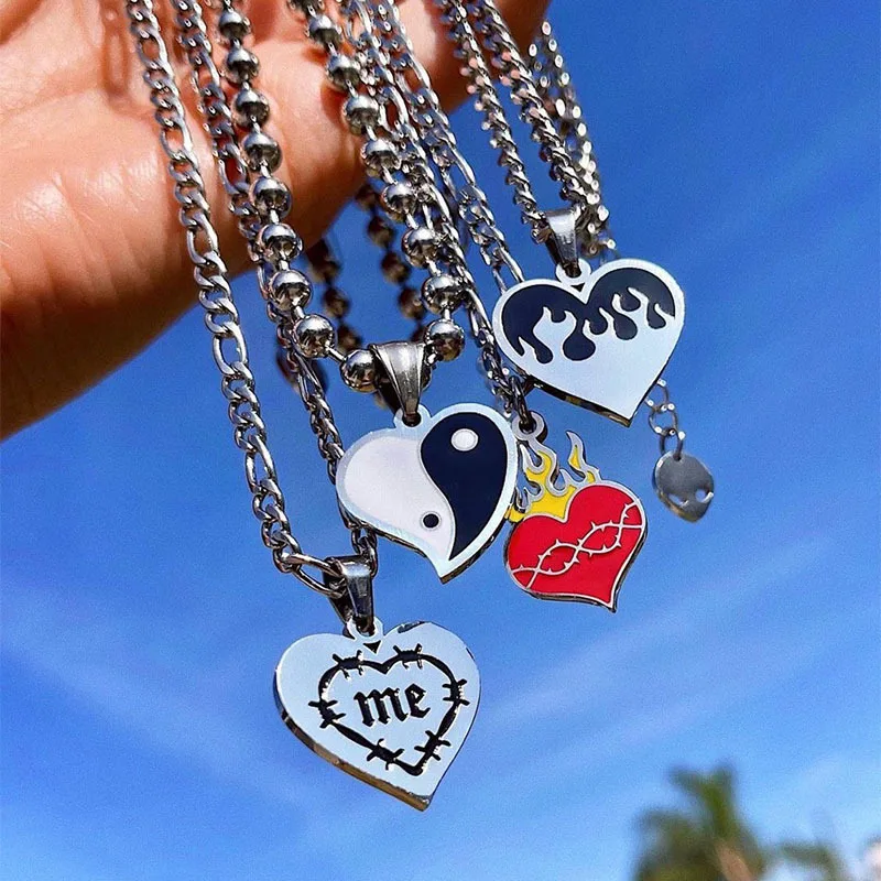 Stainless Steel Punk Crown Tai Chi Letter Heart Necklace Men Single Layer Round Bead Chain Hip Hop Necklace Amulet Jewelry