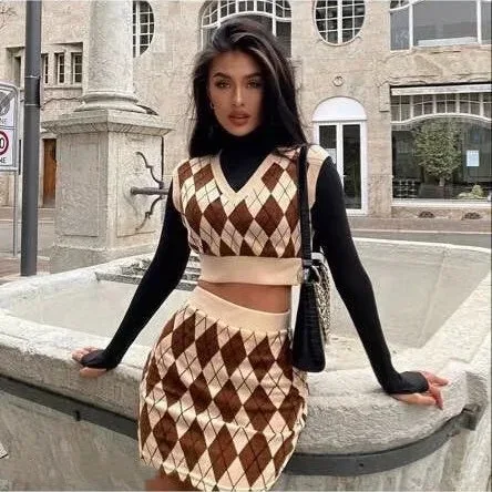 2021 fall Amazon new arrival INS sweater sets women Argyle pattern knitted tank top skirt sweater 2 pieces sets women clothing