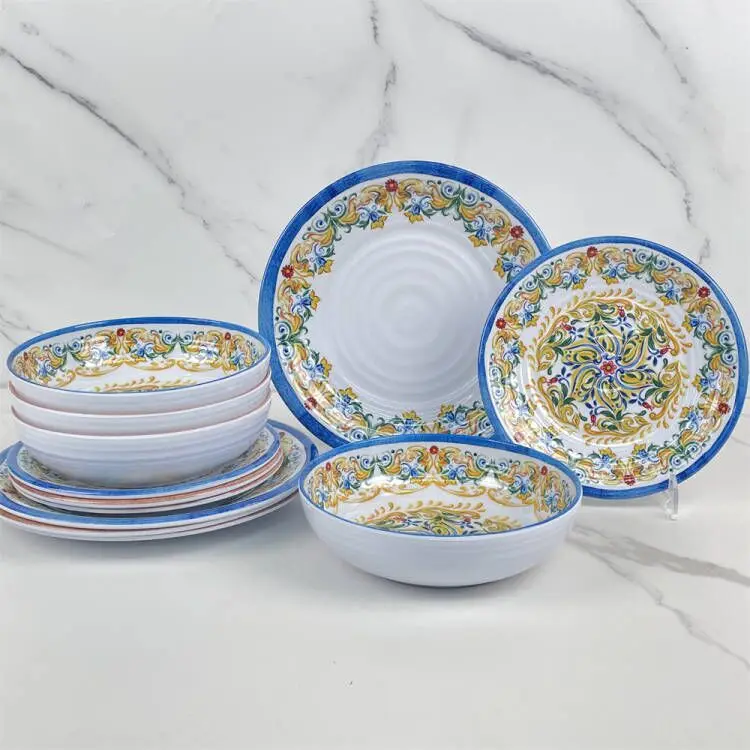 12pcs Melamine Dinnerware Set Dinner Plates and bowls set for Camping RV Use Break resistant Dishwasher Safe