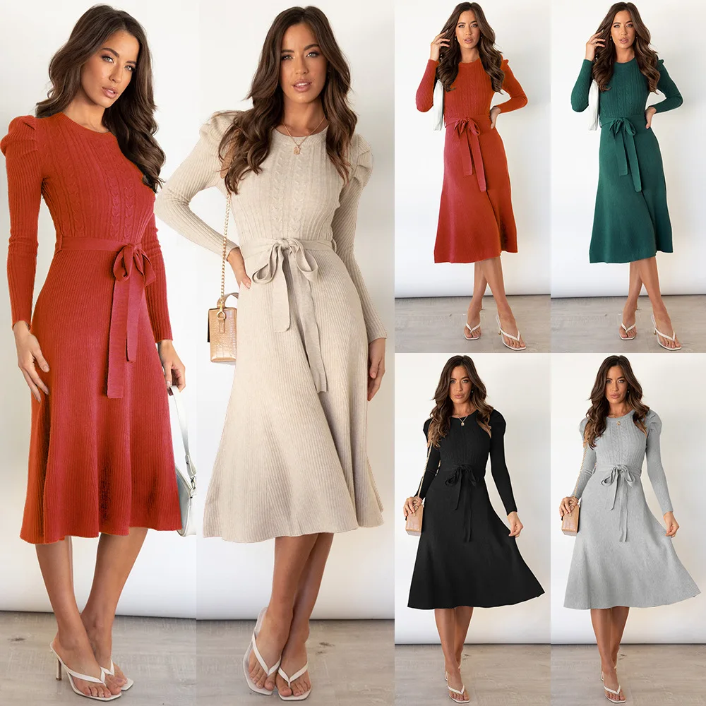 
Autumn winter ladies knit long A-Line dress elegant women puff sleeve sweater dress with belt 