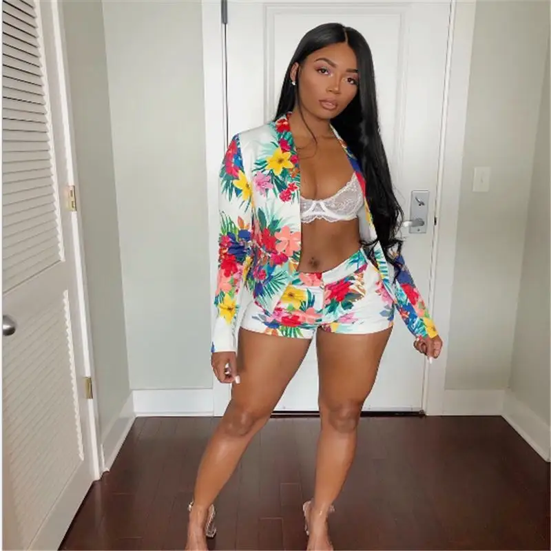 
2021 summer clothing plus size 3xl 4colors ol office ladies flora blazer + shorts two piece outfit blazer women suit 