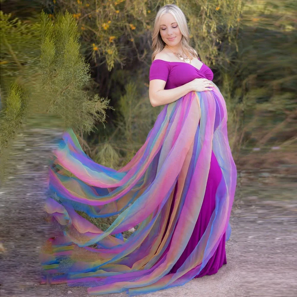 New Style Plus Size Rainbow Tulle Evening Robes Maternity Pregnancy Fancy Maxi Off Shoulder Cotton Gown Dress For Photo Shooting