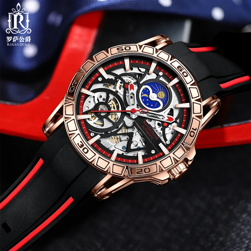 RAKSA DUKE 900A hot sell mechanical watch original Rubber band Waterproof moon phase character sports watch