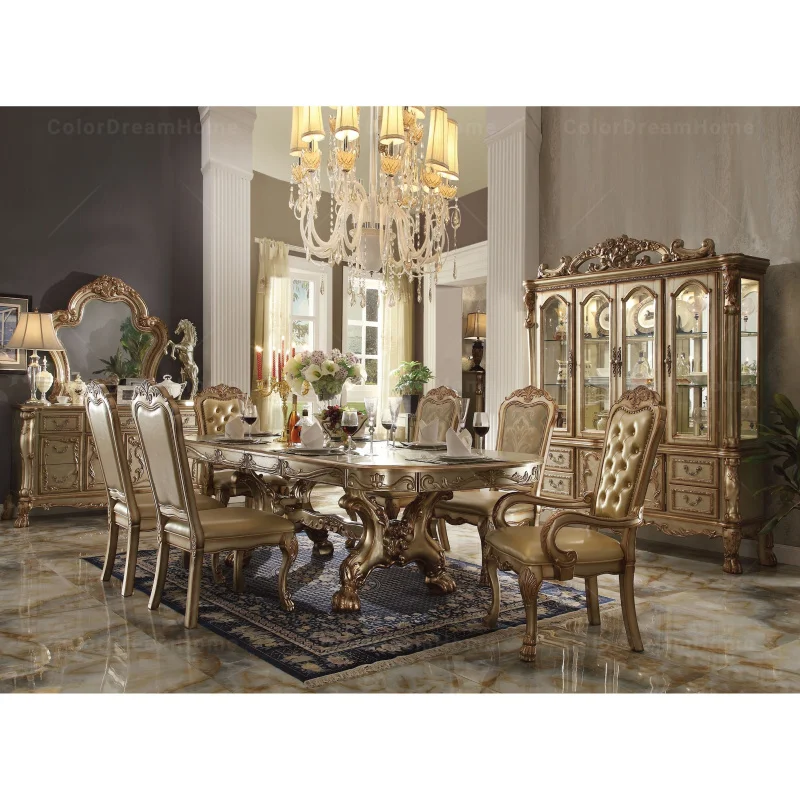 Guangdong Furniture Luxury Dining Room Furniture Traditional Carved Dining Set Royal Furniture Gold Dining Table Set 6 Seater