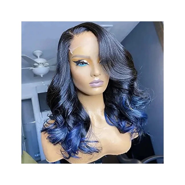 Pre Plucked 150% Density Human Hair Blue Ombre Body Wave HD 13x6 Lace Frontal Wig Colored