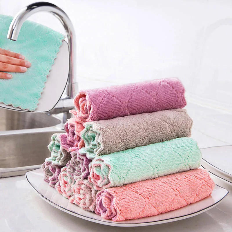 16*27 cm fleece 2 layers coral stock ready kitchen wash cloth microfiber dish towel for home cleaning wholesale