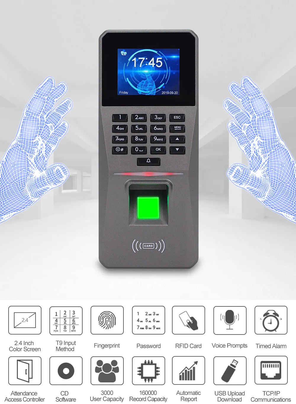 2.4Inch USB Fingerprint Door Access Control Attendance Machine Password Fingerprint Access Control System