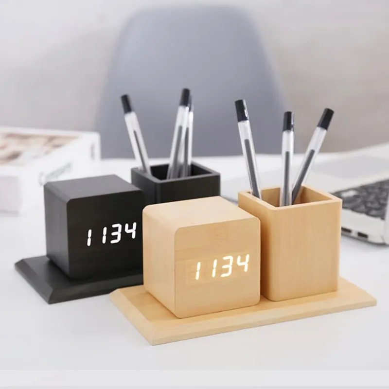 Amazon Promotion Gifts Office Desk Table Organizer alarm Clock Wooden Pen Stand with Digital Touch LED Clock Wood Pen Holder