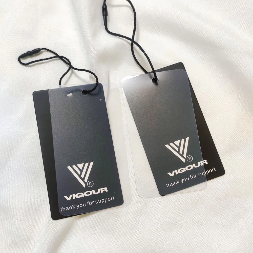 Custom Printed Logo Garment Paper Hangtags Luxury Clothing Swing Tags with string Clear Transparent Frosted PVC Clothes hang tag