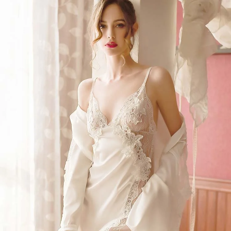 Hot sale wholesale silk satin 2pcs robe set sleepwear summer sexy lingerie  for women girlish  baby doll night wear