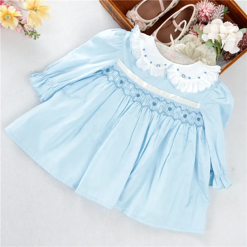C067  blue ruffles baby smocked dresses for girls dress smocking handmade embroidery boutiques children clothes wholesale