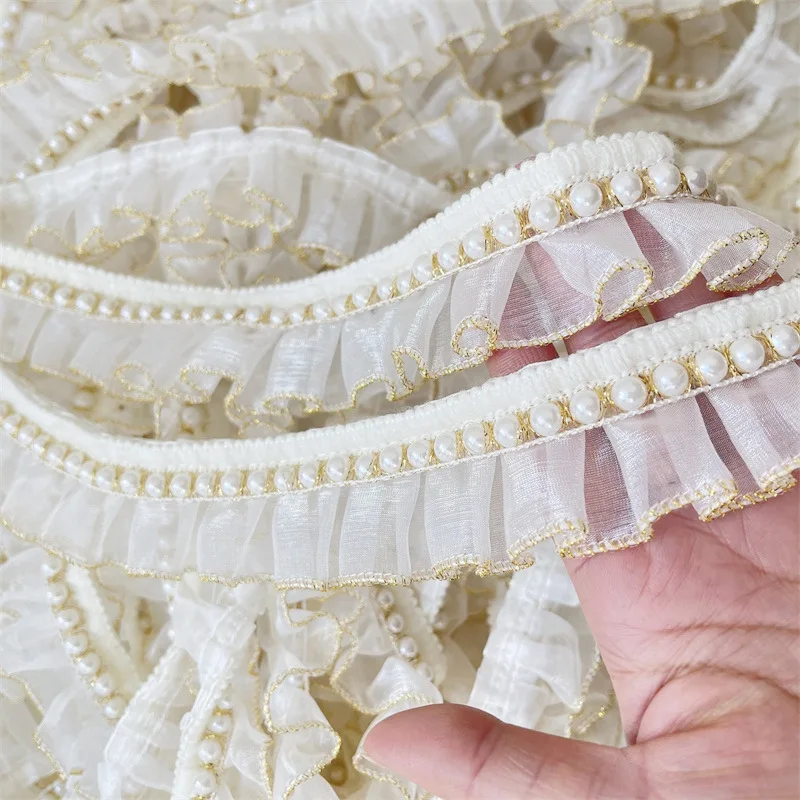 4cm Organza Tulle pleated Ribbon with pearls Polyester Ruffle lace Trims in white and gold for Dresses Garments DIY accessories