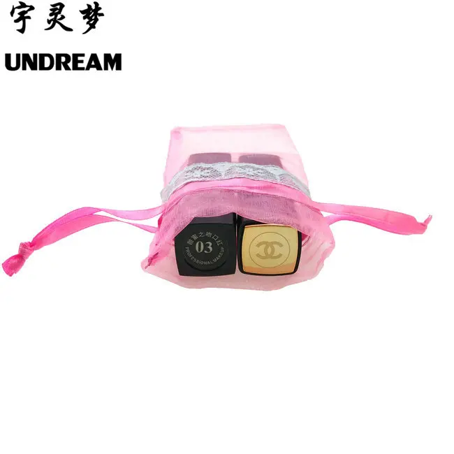 custom organza fabric cosmetic lashes pink bag with white lace