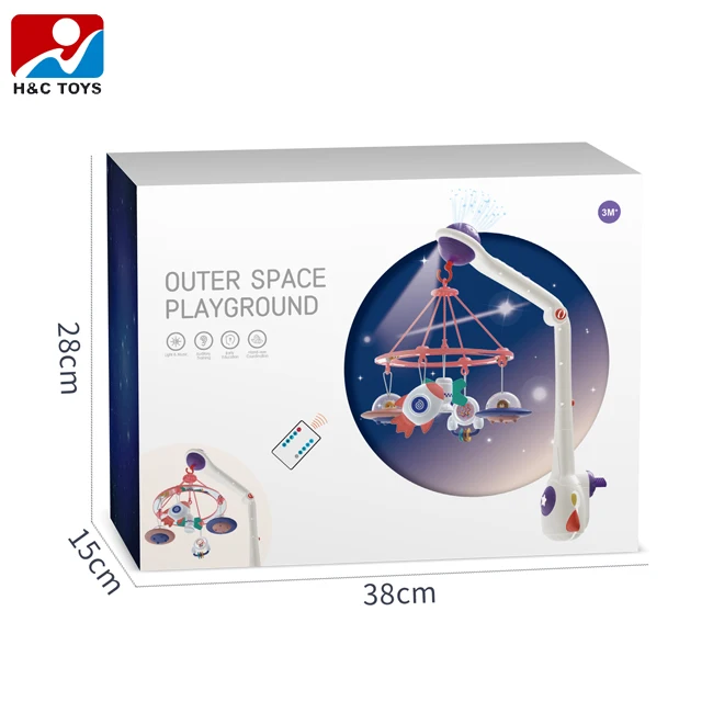 Newest remote control space hanging pendant bed bell toy with light and music adjustable lifting baby crib mobile