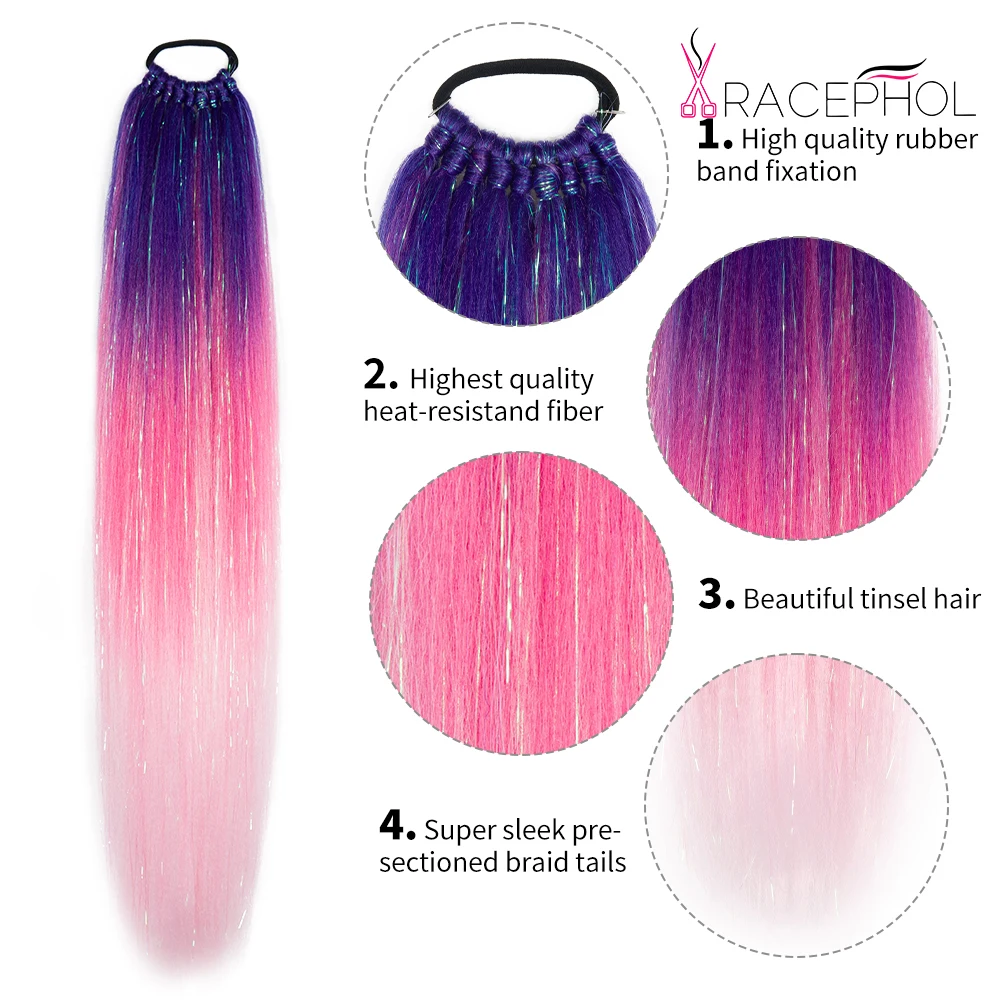 Multi Color Ombre Braiding Hair Extension Glitter Hair Tinsel Ponytail With Elastic Rubber Band Synthetic