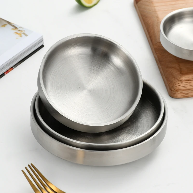 Kitchen tableware Korean kimchi Round Small Dish double layer Stainless Steel sauce seasoning round dinner bowls