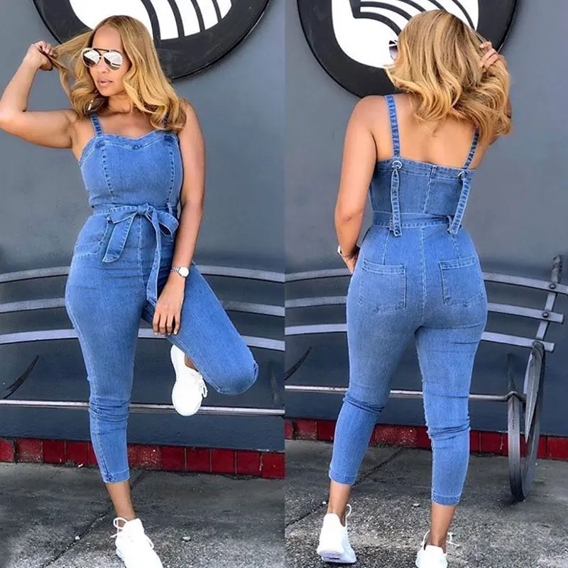 
Fashion Denim Jumpsuit Women Plain Spaghetti Strap Jumpsuit With Belt Blue Jean Jumpsuit For Women 
