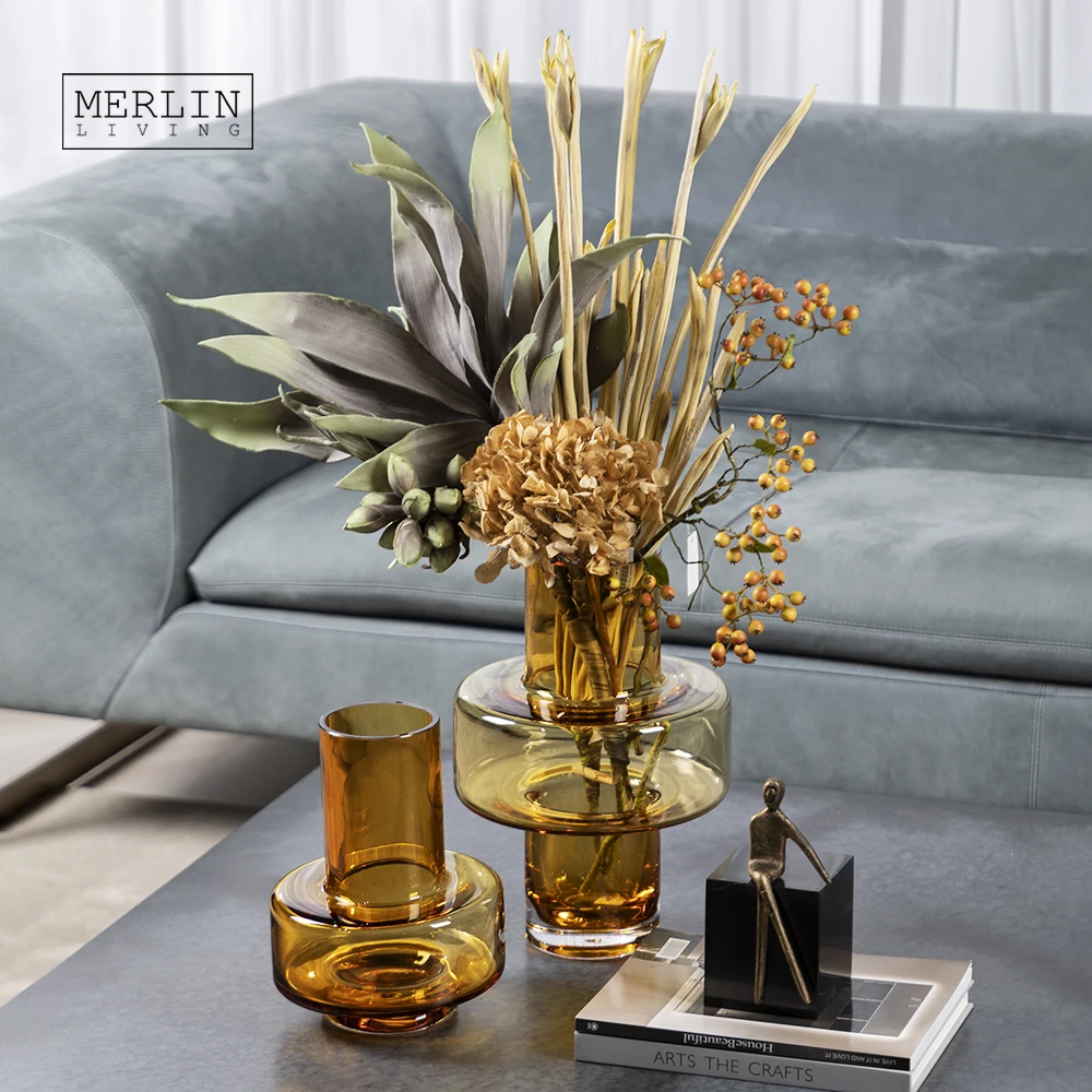 Стеклянная ваза Merlin с витражом в скандинавском стиле, стеклянная ваза-цилиндр янтарной резки для украшения ВАЗ