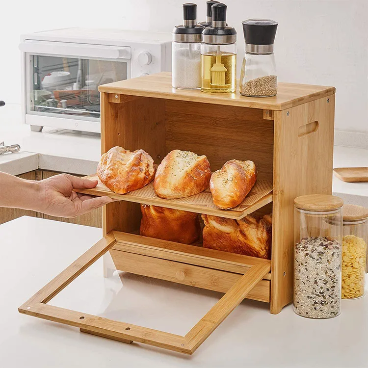 Bamboo Bread Box For Kitchen Counter2 Adjustable Layer Wooden Bread Bin With ClearWindow And Storage Drawer