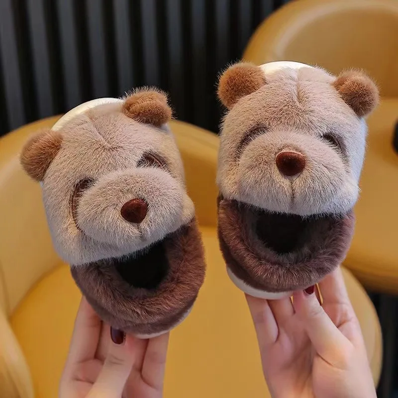 2024 New kids boys fuzzy indoor bear slippers warm fur slip on cotton shoes children girls plush furry home slides slippers