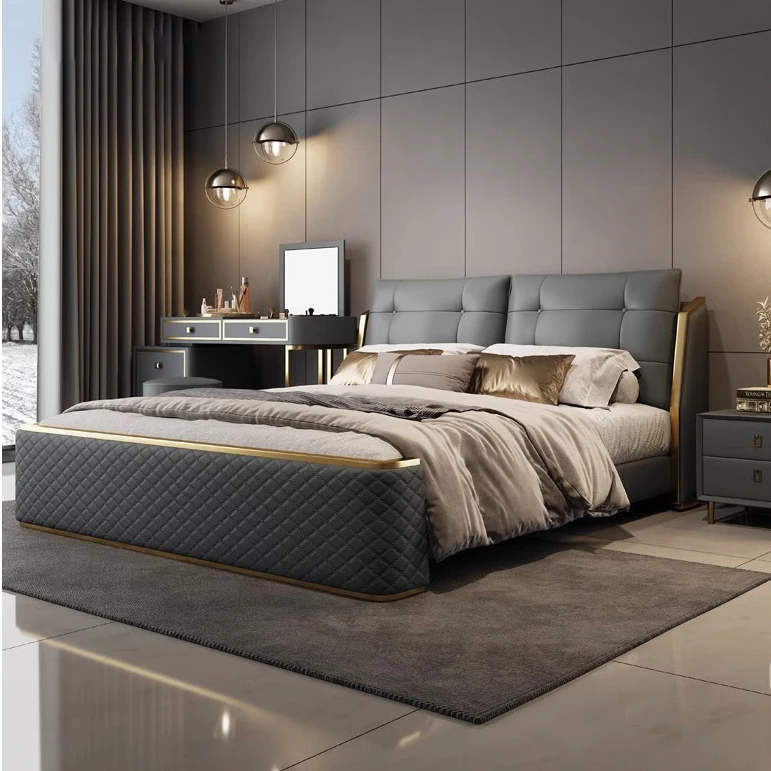 king size Brown leather bed bedroom furniture stainle steel frame master wooden beds villa bed