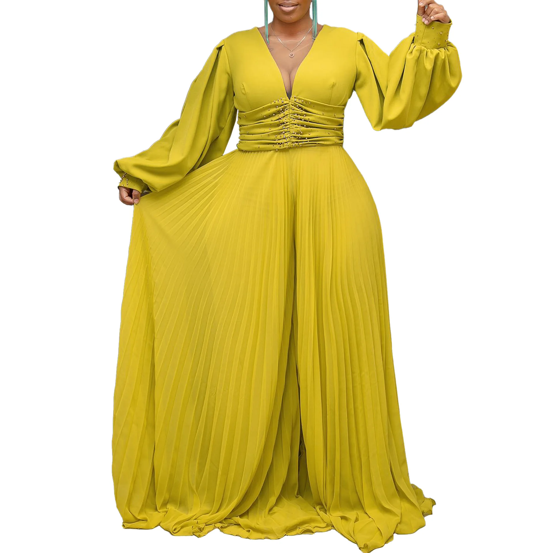 Club party new arrivals plus size women clothing elegant loose wide leg jumpsuit beading elegant white pleated jumpsuit