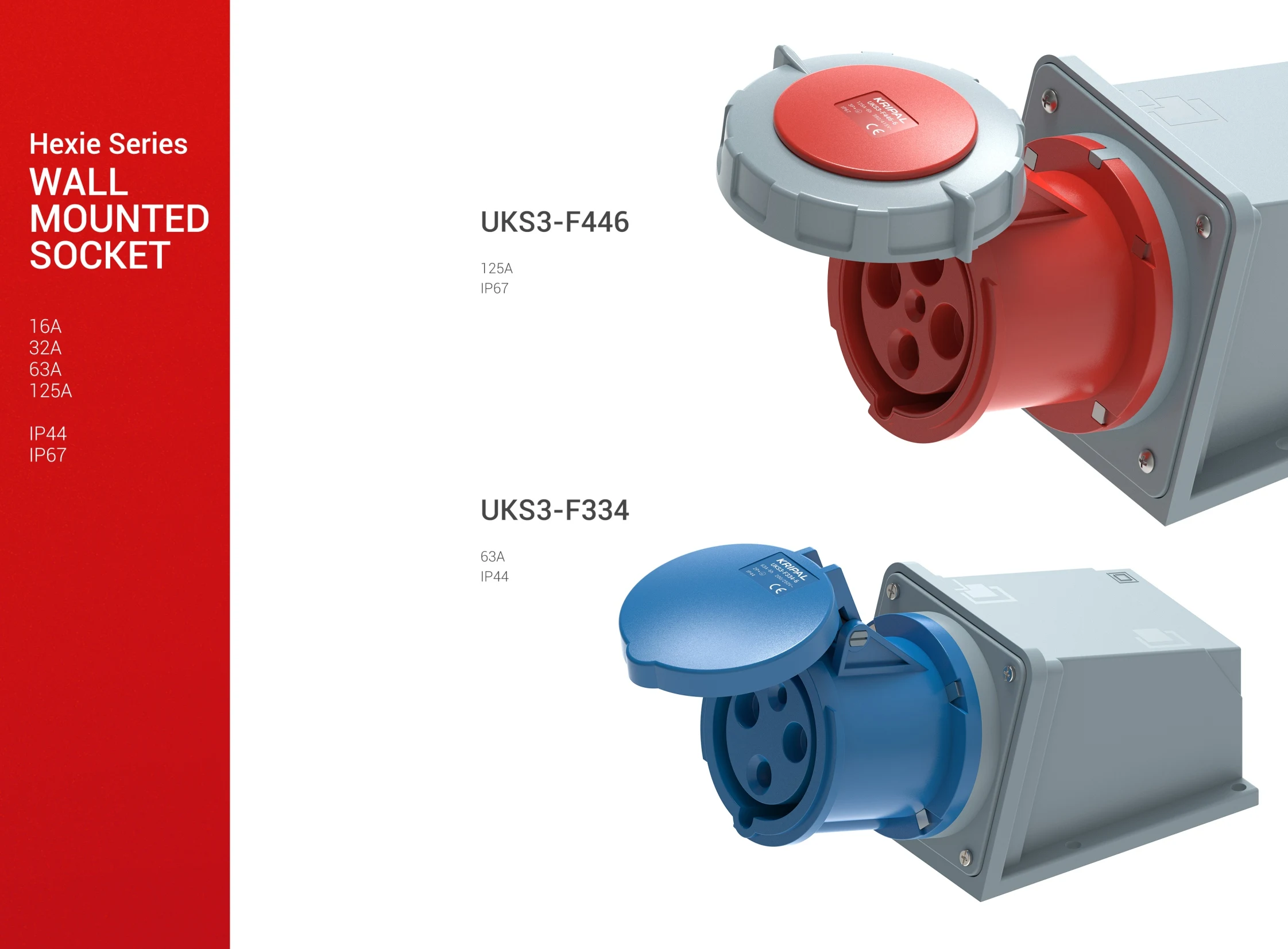 KRIPAL 5 pin 125 amp industrial wall mount socket outlets 125A CEE electrical plugs and socket 3 phase Female Industrial Socket