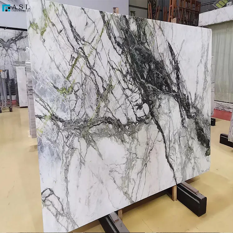 Cyan-White Bookmatch Marble Wall Tile Green Veins Orchid Jade White Marble Tiles