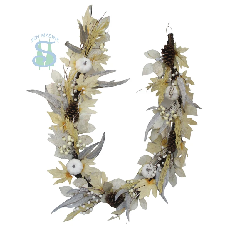 Senmasine 6ft Fall Garlands with White Pumpkin Berries Maple Leaves Pinecone Front Door Hanging Autumn Festival Decor