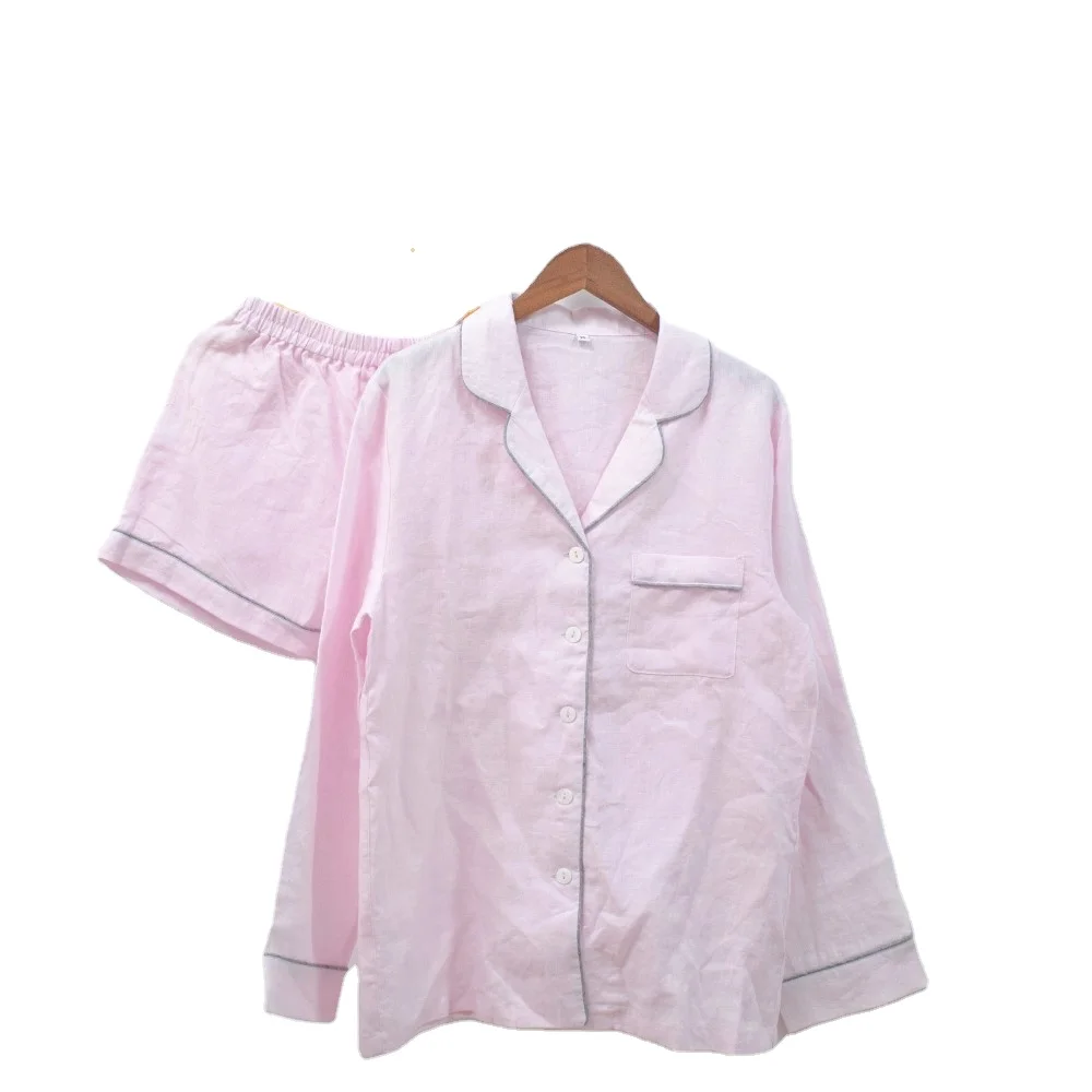 2023 Winter Wholesale Women Oeko Tex 100 Certified 100% Linen Two Pieces Pant pink Sleepwear Pajamas Sets (1600648795360)