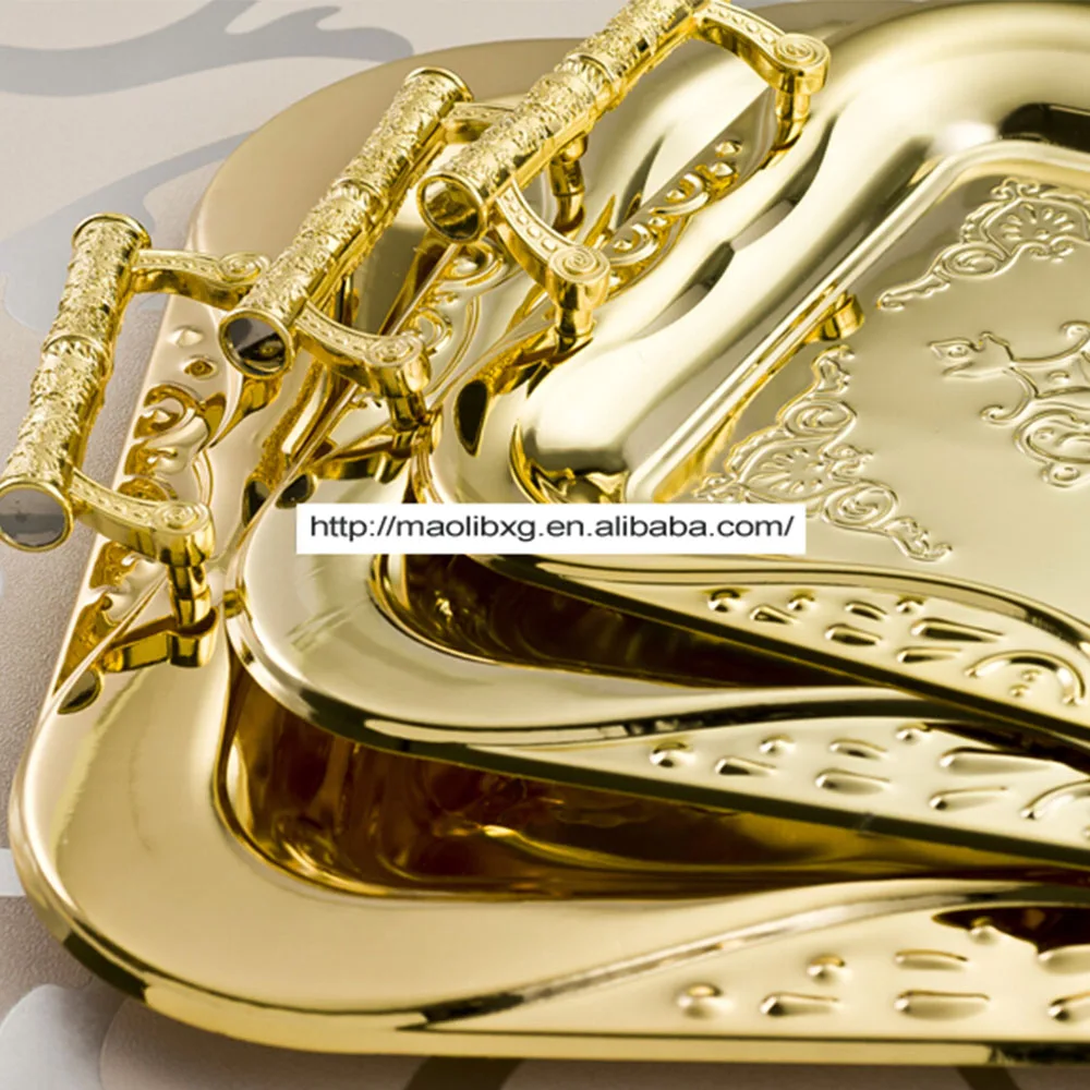 
Luxury Gold Stainless Steel Square Serving Tray Hotel Wedding Party Fruit Food Tray Rectangular Dinner Plates Storage Tray 
